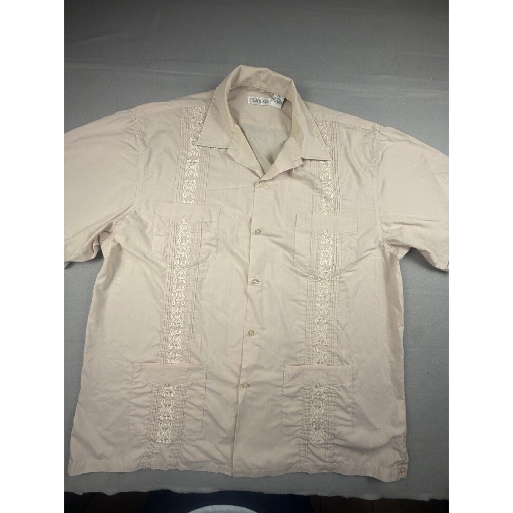 Platoon Men's Beige Guayabera WoodenEmbroidered Pocket Spread Collar Shirt XXL